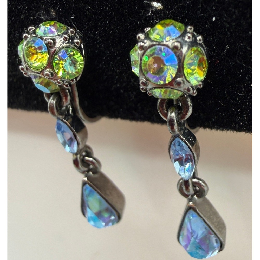 Givenchy Vintage Iridescent Crystal Drop Screw Back Earrings Gunmetal Blue Green - Picture 2 of 8